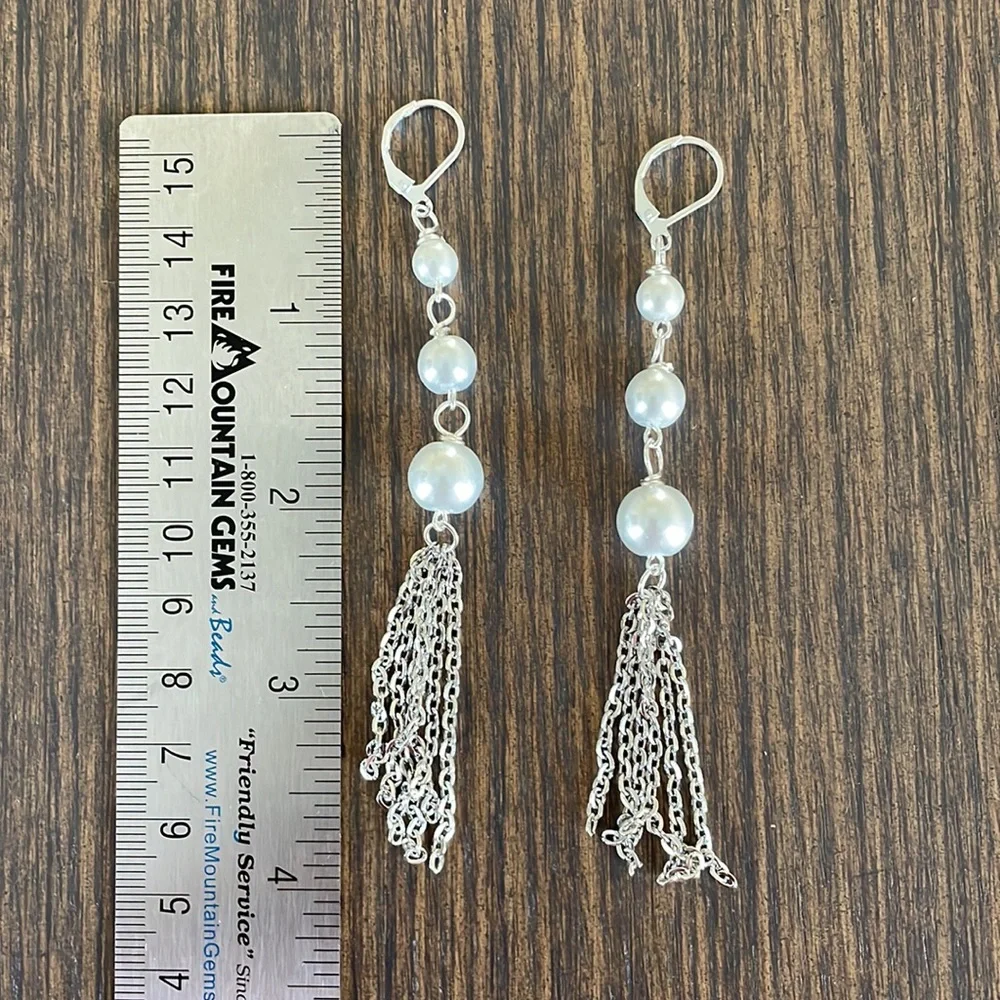 HAND CRAFTED EARRINGS Graduated White Glass Pearl Ball Drop Silver Chain Tassels